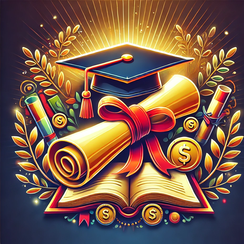 vibrant and modern illustration symbolizing a scholarship concept. The design features a golden diploma scroll tied with a red ribbon as the centerpiece, surrounded by academic elements such as graduation caps, laurel wreaths, and stacked books